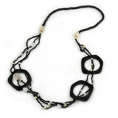 Long Multi-strand Black/ White Ceramic Bead, Acrylic Ring Necklace - 90cm L