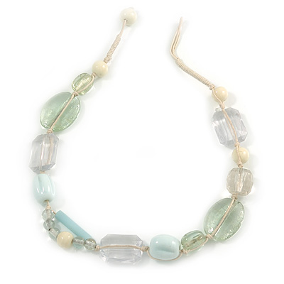 White, Pale Green Ceramic, Glass Beads White Cord Necklace - 44cm L