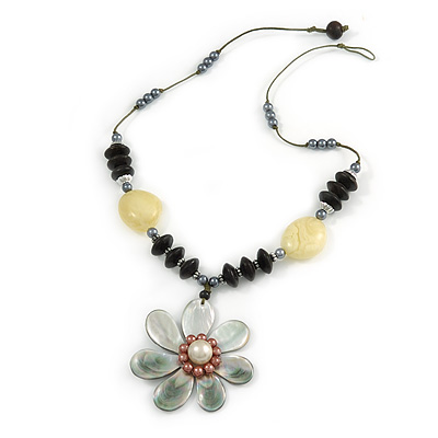 Mother Of Pearl Flower Pendant with Wood/ Resin Bead Chain - 56cm L