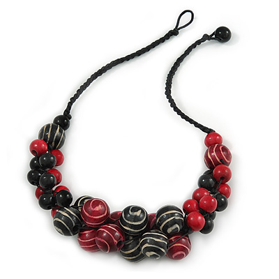 Black/ Red Cluster Wood Bead With Black Cord Necklace - 54cm L - main view