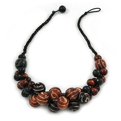 Black/ Brown Cluster Wood Bead With Black Cord Necklace - 54cm L - main view