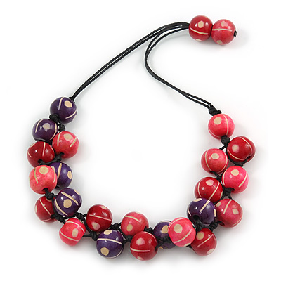 Purple/ Red/ Pink Cluster Wood Bead With Black Cord Necklace - 54cm L - main view