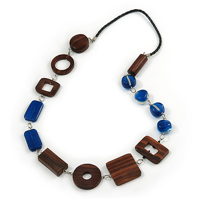 Blue Glass, Brown Wood Bead with Black Faux Leather Cord Necklace - 80cm L - main view