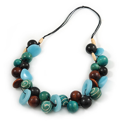 Chunky Cluster Wood, Resin Bead Black Cotton Cord Necklace (Light Blue, Teal, Brown, Black) - 72cm L/ 185g
