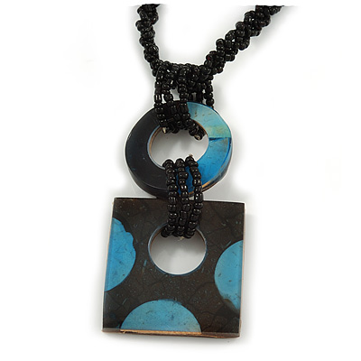 Black/ Blue Wood Square Pendant with Braided Black Glass Bead Cord - 46cm L/ 9cm Pendant - main view