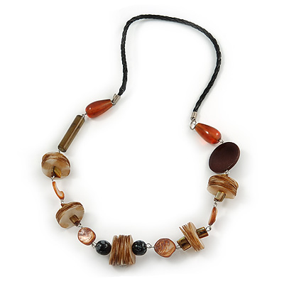 Brown/ Natural Wood, Shell Bead with Faux Black Leather Cord Necklace - 66cm L
