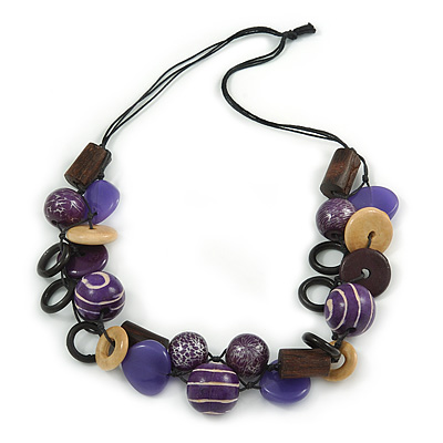 Wood and Acrylic Bead Necklace with Black Cotton Cord - 64cm L
