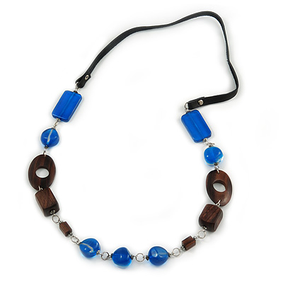 Geometric Blue Resin and Brown Wood Bead with Black Leather Cord Necklace - 88cm L - main view