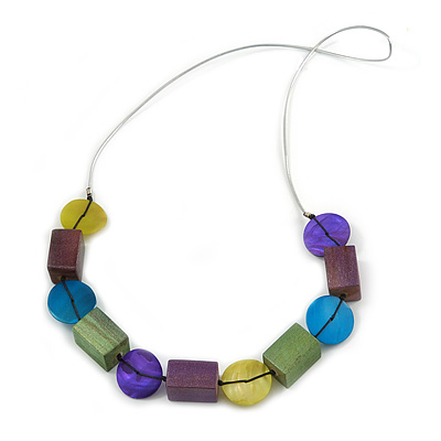 Multicoloured Wood and Shell Bead Metallic Silver Cord Necklace - 82cm L