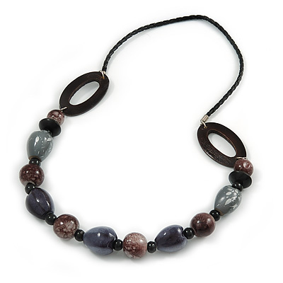 Grey/ Brown Wood Beads with Black Faux Leather Cord Necklace - 70cm L