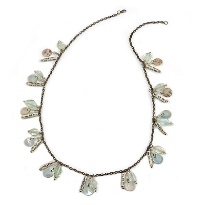 Transparent Glass Bead, Sea Shell Charm with Bronze Tone Chain Necklace - 80cm L
