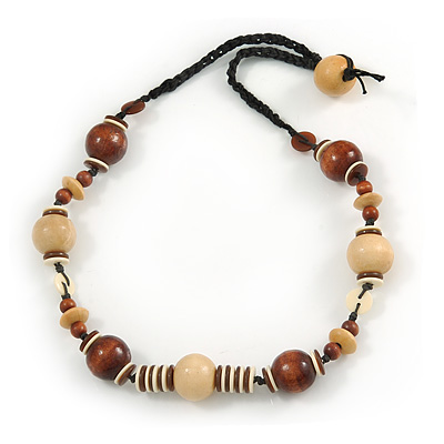 Stylish Brown/ Natural Wood and Acrylic Bead With Black Cotton Cord Necklace - 60cm L