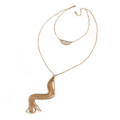 Two Strand Tassel Necklace In Gold Tone - 68cm L/ 18cm Tassel/ 7cm Ext