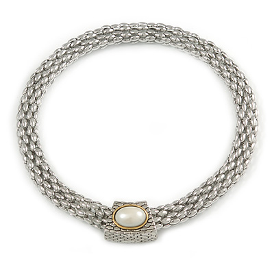 Statement Wide Mesh Chain Magnetic Necklace with Pearl Bead Pendant - 43cm L