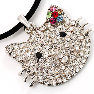 Romantic Kitty Crystal Bead Silver Tone Necklace