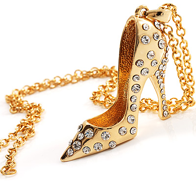 Gold Tone Crystal High Heel Shoe Pendant with Chain - 70cm L - main view