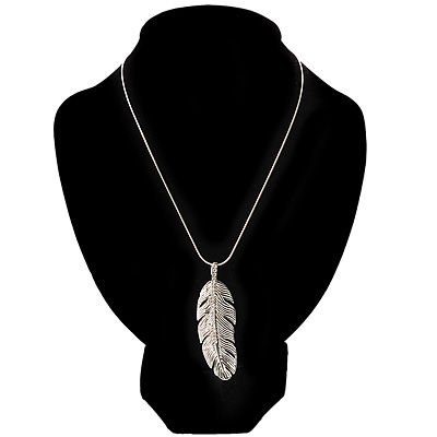 Rhodium Plated Crystal Feather Pendant