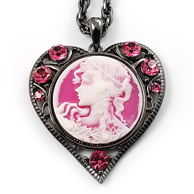 Pink Crystal Cameo 'Lady With Flowers' Heart Pendant - main view