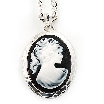 Long Cameo 'Classic Lady' Silver Tone Oval Locket Pendant - 56cm L - main view