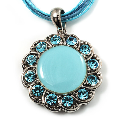 Light Blue Crystal Enamel Medallion Cotton Cord Pendant (Silver Tone) -38cm - main view
