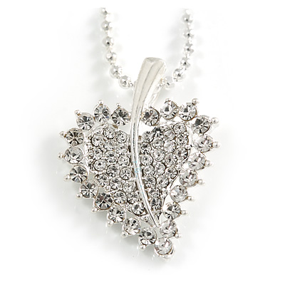 Clear Crystal Leaf Pendant Necklace (Silver Tone) -50cm