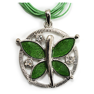 Lime Green Enamel Cotton Cord Butterfly Pendant Necklace (Silver Tone) - 40cm Length - main view