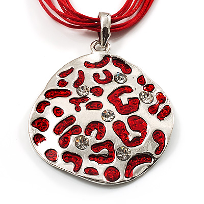 Bright Red Enamel Crystal Oval Pendant With Cotton Cord (Silver Tone) - 38cm Length