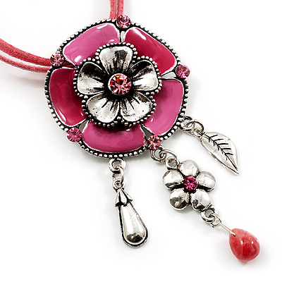 Bright Pink Enamel Flower Pendant With Faux Suede Cord Necklace (Silver Tone) - 40cm Length