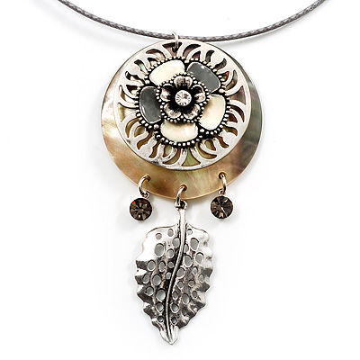 Stunning Floral Shell Drop Pendant With Leather Style Cord Necklace (Silver Tone) - 40cm Length