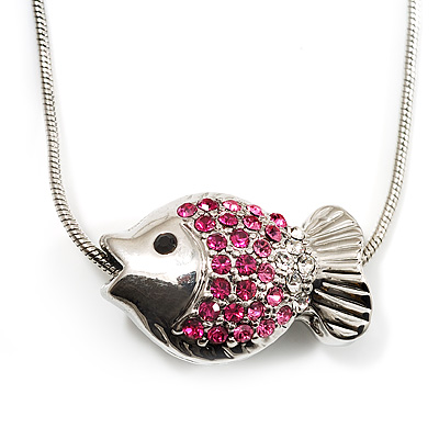 Tiny Crystal Reversible Fish Pendant With Snake Chain - 38cm Length