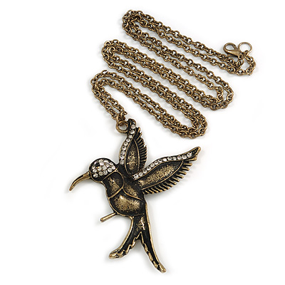 Long Vintage Inspired Hummingbird Pendant with Bronze Tone Chain/ 70cm L