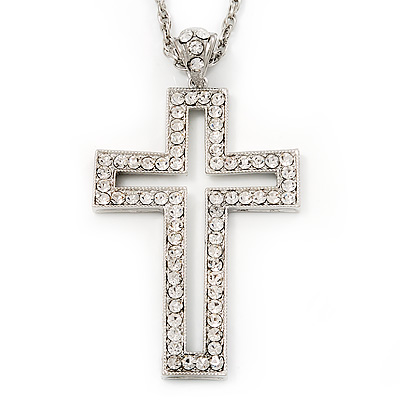 Oversized Open Diamante Cross Pendant Necklace In Rhodium Plated Metal - 64cm Length with 6cm extension - main view
