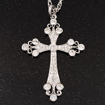 Diamante Cross Pendant Necklace In Rhodium Plated Metal - 62cm Length with 6cm extension - main view