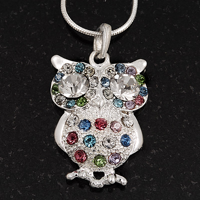 Wise Multicoloured Diamante Owl Pendant Necklace In Rhodium Plated Metal - 42cm Length