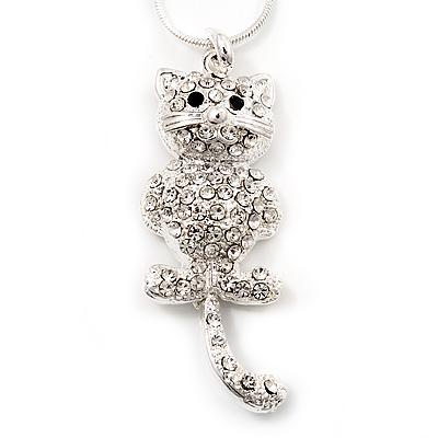 Crystal Cat With Dangling Tail Pendant Necklace In Rhodium Plated Metal - 44cm Length