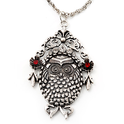 Long Filigree Diamante Owl Pendant Necklace In Burn Silver Metal - 76cm length