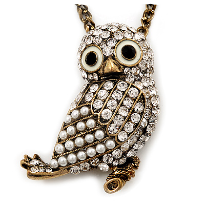 Long Cute Crystal & Simulated Pearl Owl Pendant Necklace In Antique Gold Metal - 60cm Length (10cm Extension) - main view
