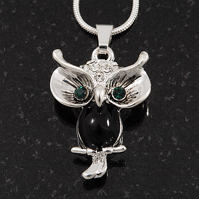 Small Diamante 'Owl' Pendant Necklace In Rhodium Plated Metal - 40cm Length & 4cm Extension