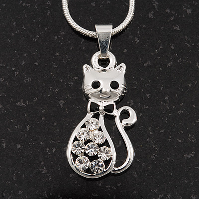 Small Cute Diamante 'Kitty In The Bow' Pendant Necklace In Rhodium Plated Metal - 40cm Length & 4cm Extension