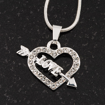 Small Diamante Open 'Heart & Love Arrow' Pendant Necklace In Rhodium Plated Metal - 40cm Length & 4cm Extension