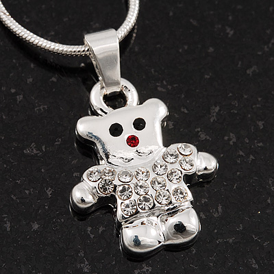 Tiny 'Teddy Bear In The Jacket' Pendant Necklace In Rhodium Plated Metal - 40cm Length & 4cm Extension