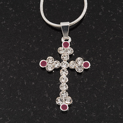 Small Diamante Cross Pendant Necklace In Rhodium Plated Metal - 40cm Length & 4cm Extension