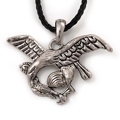 Silver Plated 'Eagle' Pendant On Black Leather Style Cord Necklace - 40cm Length & 4cm Extension