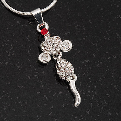 Tiny Crystal 'Mouse With Dangling Tail' Pendant Necklace In Rhodium Plated Metal - 40cm Length & 4cm Extension