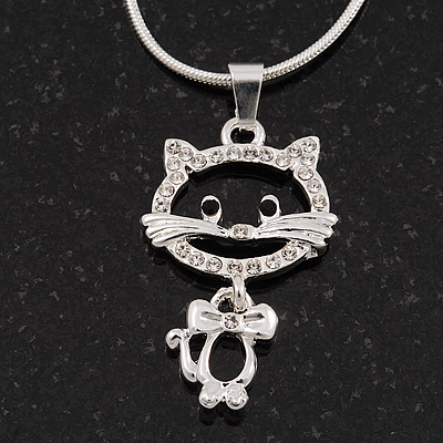 Sweet Open Crystal 'Kitty' Pendant Necklace In Rhodium Plated Metal - 40cm Length & 4cm Extension