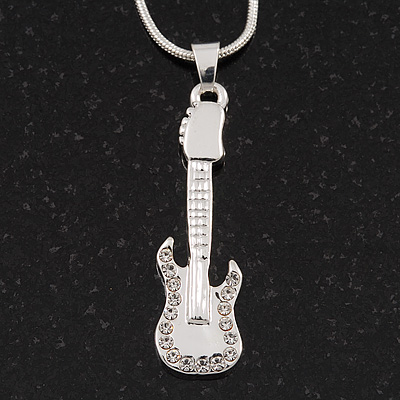 Diamante 'Guitar' Pendant Necklace In Silver Plated Metal - 40cm Length (5cm extension)