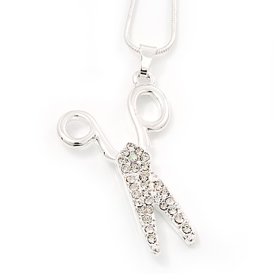 Clear Crystal 'Scissors' Pendant Necklace In Silver Plated Metal - 40cm Length with 4cm extension