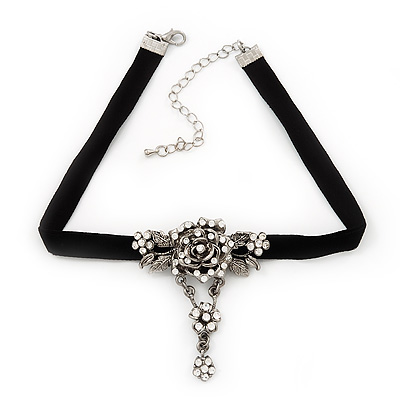 Vintage Diamante 'Rose' Choker Necklace On Black Velour Cord In Silver Finish - 29cm Length with 8cm extension