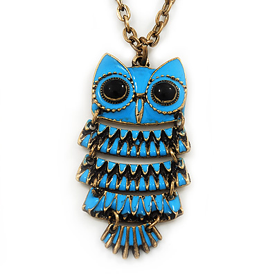 Vintage Blue Enamel 'Owl' Pendant Necklace In Burn Gold Metal - 44cm Length