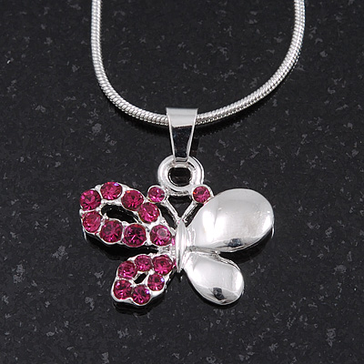Small Magenta Crystal 'Butterfly' Pendant Necklace In Silver Plating - 40cm Length